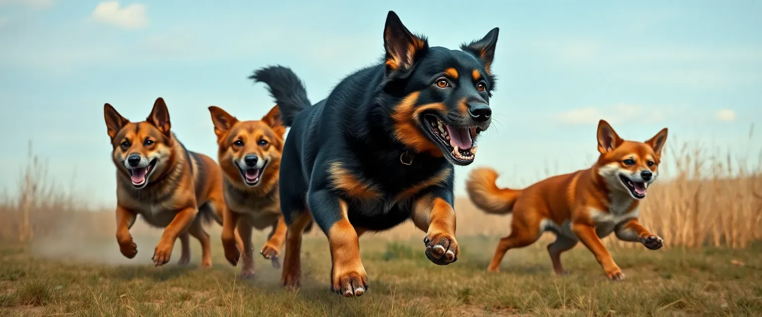 A pack of dogs led by a cunning German Shepherd, with a Jack Russell and Rottweiler, playfully chasing a 14-year-old fox boy.