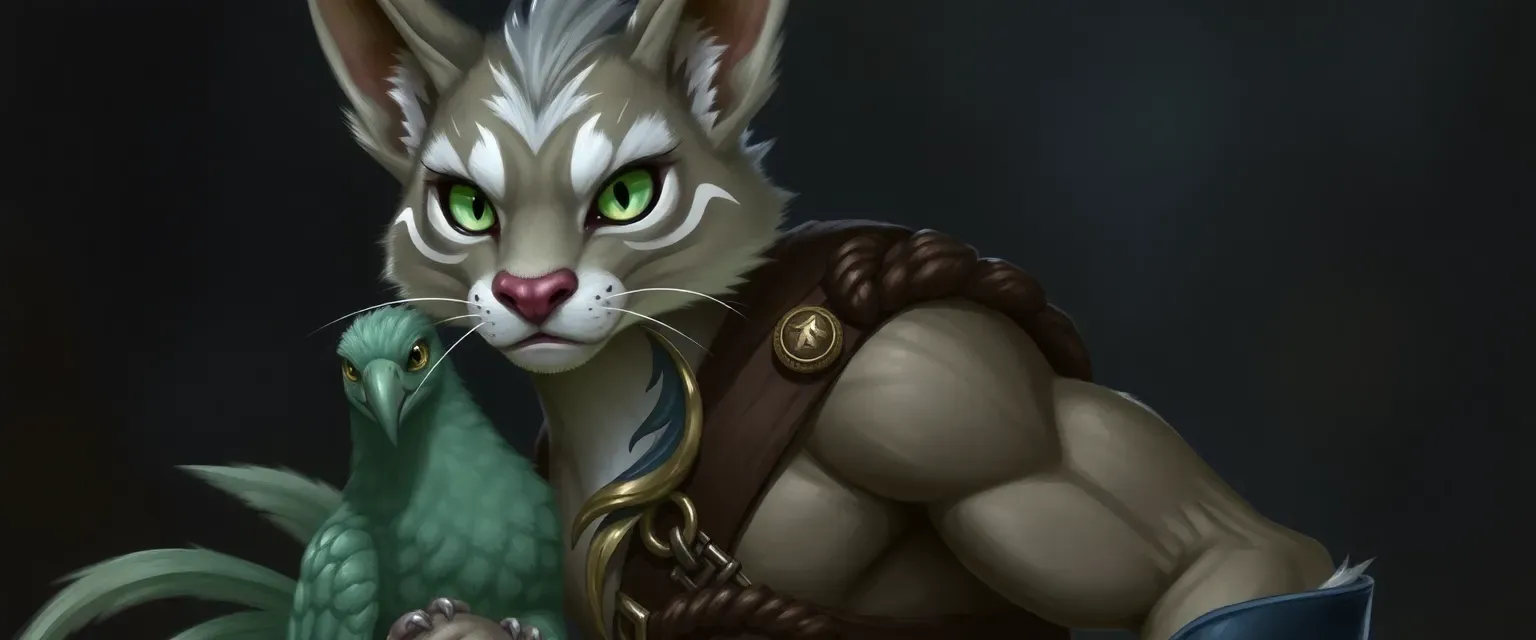 Tabaxi barbarian with iridescent eyes and gray-white fur, muscular, carrying a cockatrice.