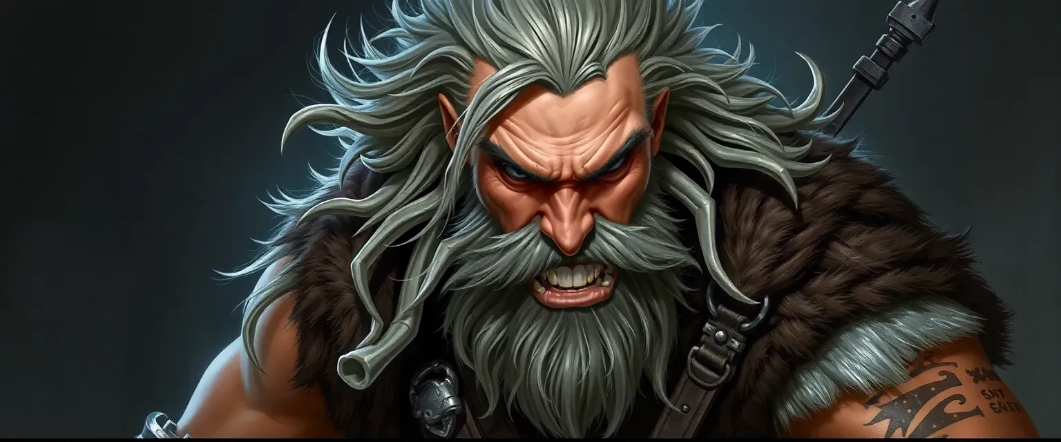 A muscular man with wild, silver-streaked hair and beard, wearing leather and fur, adorned with bones and teeth.