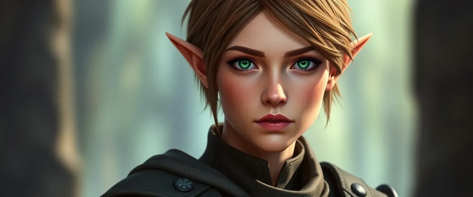 30-year-old female elf soldier with tan skin, short brown hair, and emerald eyes, wearing military attire.