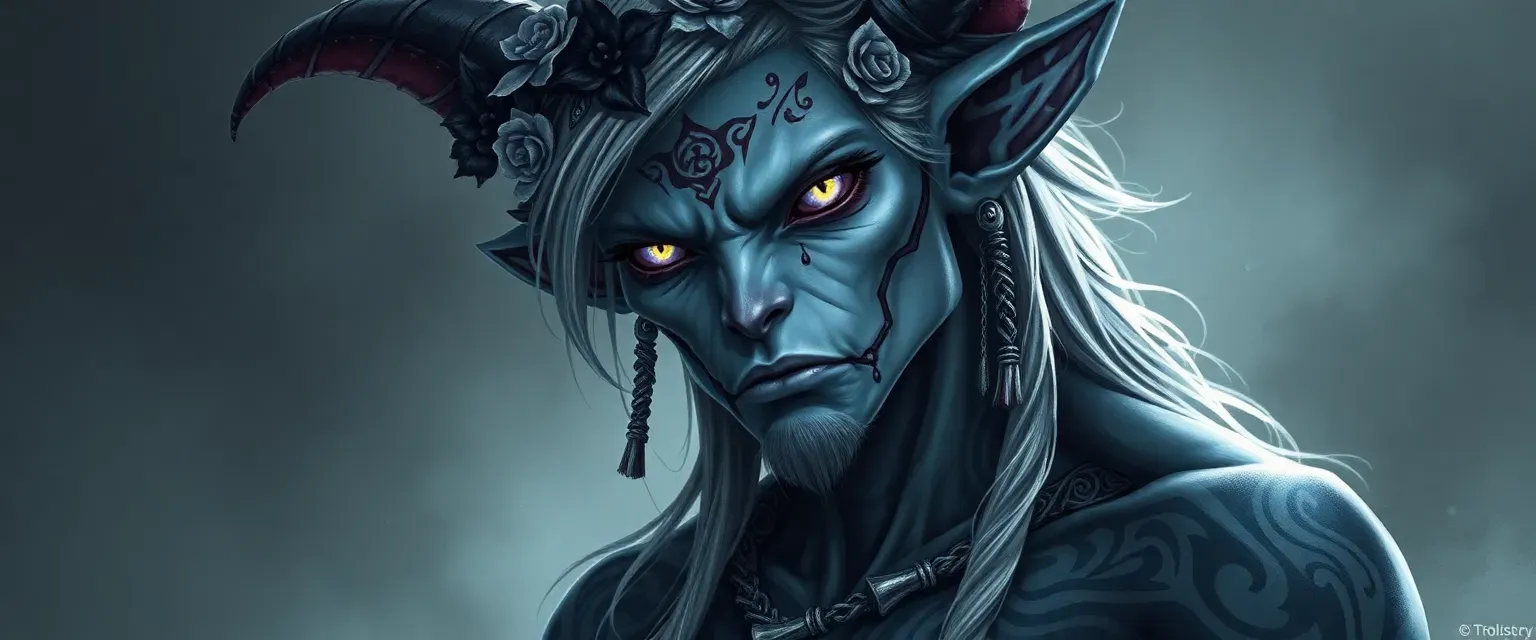 Tall Firbolg with gray skin, violet eyes, silver hair adorned with flowers and bones, intricate glowing tattoos.