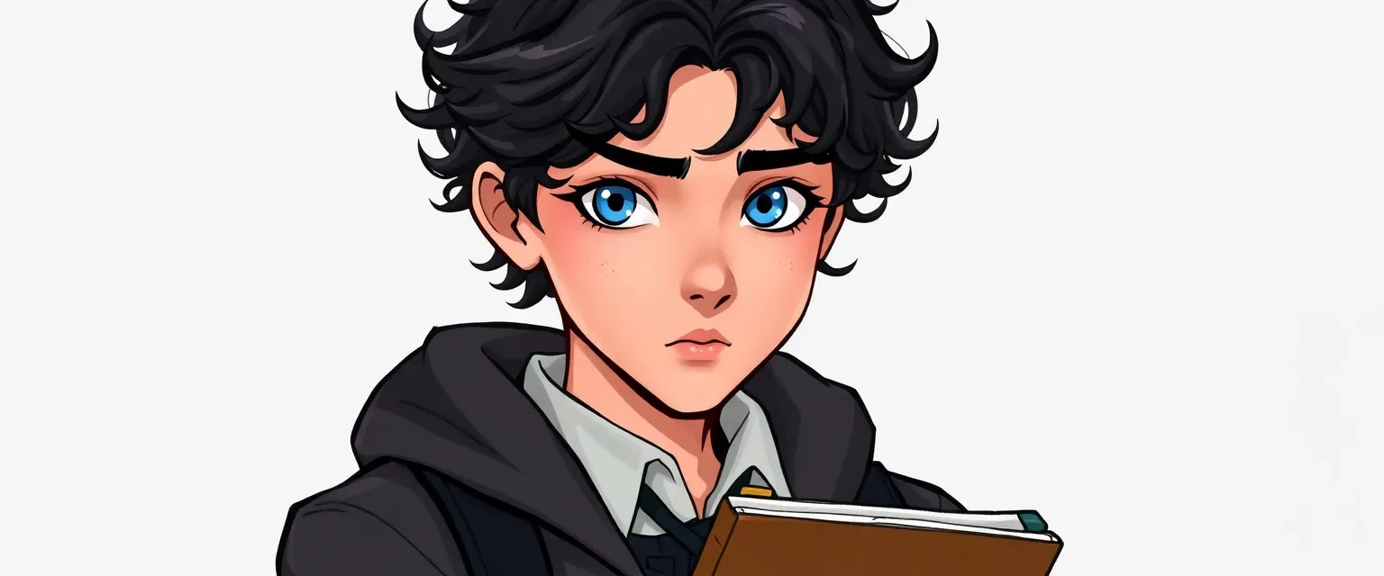 Late teen boy with dark, curly hair and piercing blue eyes, wearing a school uniform, holding a sketchbook.