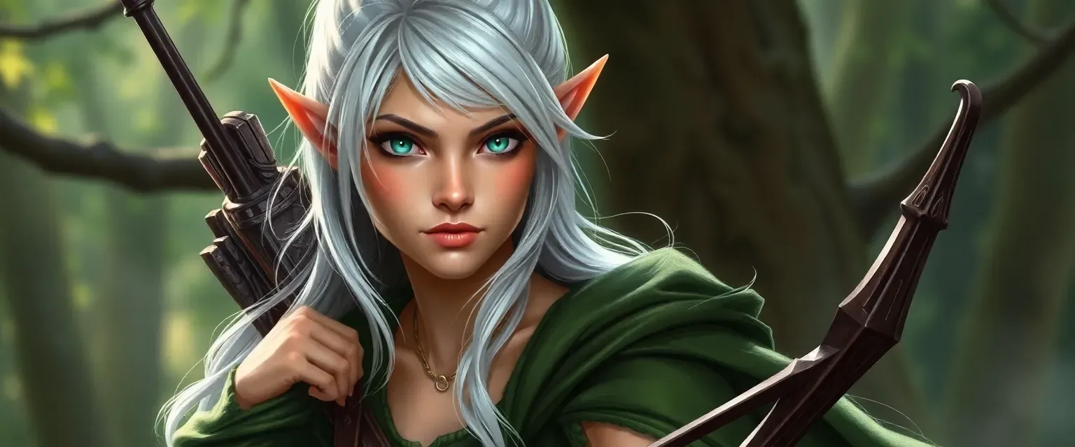 A lithe wood elf with silver hair and emerald eyes, wearing a green tunic and a forest cloak, carrying a bow.