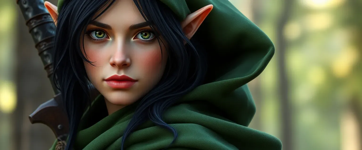 26-year-old Wood Elf Ranger with black hair and green eyes, wearing a forest-green cloak.