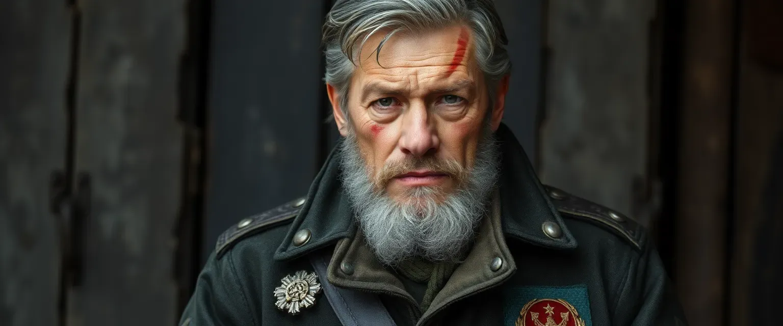 A weathered Soviet veteran with salt-and-pepper hair, a scar on his face, wearing a military jacket with medals and leather boots.