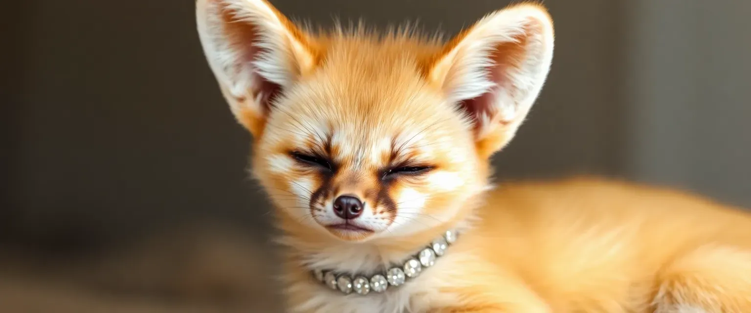 Small Fennec Fox with sandy fur, large ears, and a sparkling collar, embodying sleepiness and energy.