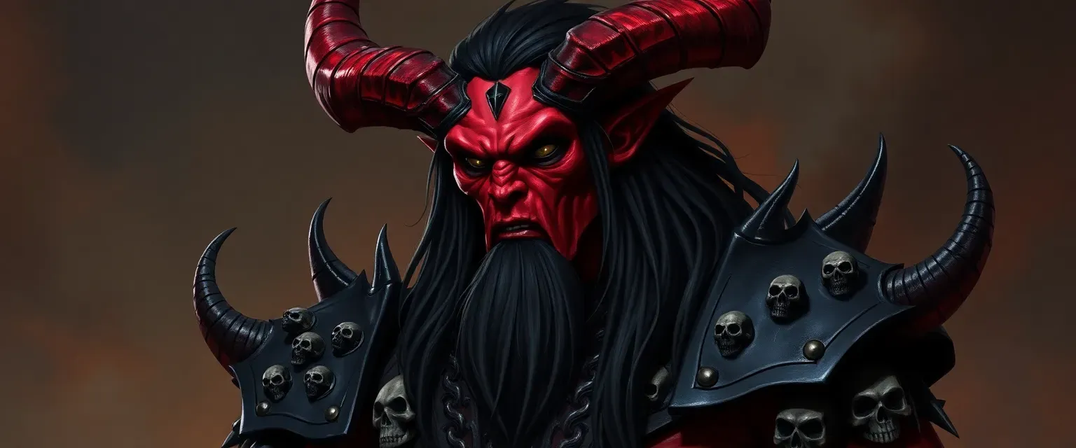 Tall demon lord with crimson skin, black eyes, long black hair, and sharp horns, wearing spiked black armor adorned with skulls.