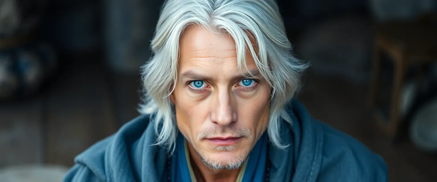 Early 30s man with silvery white hair and deep blue eyes, wearing flowing gray and blue robes.