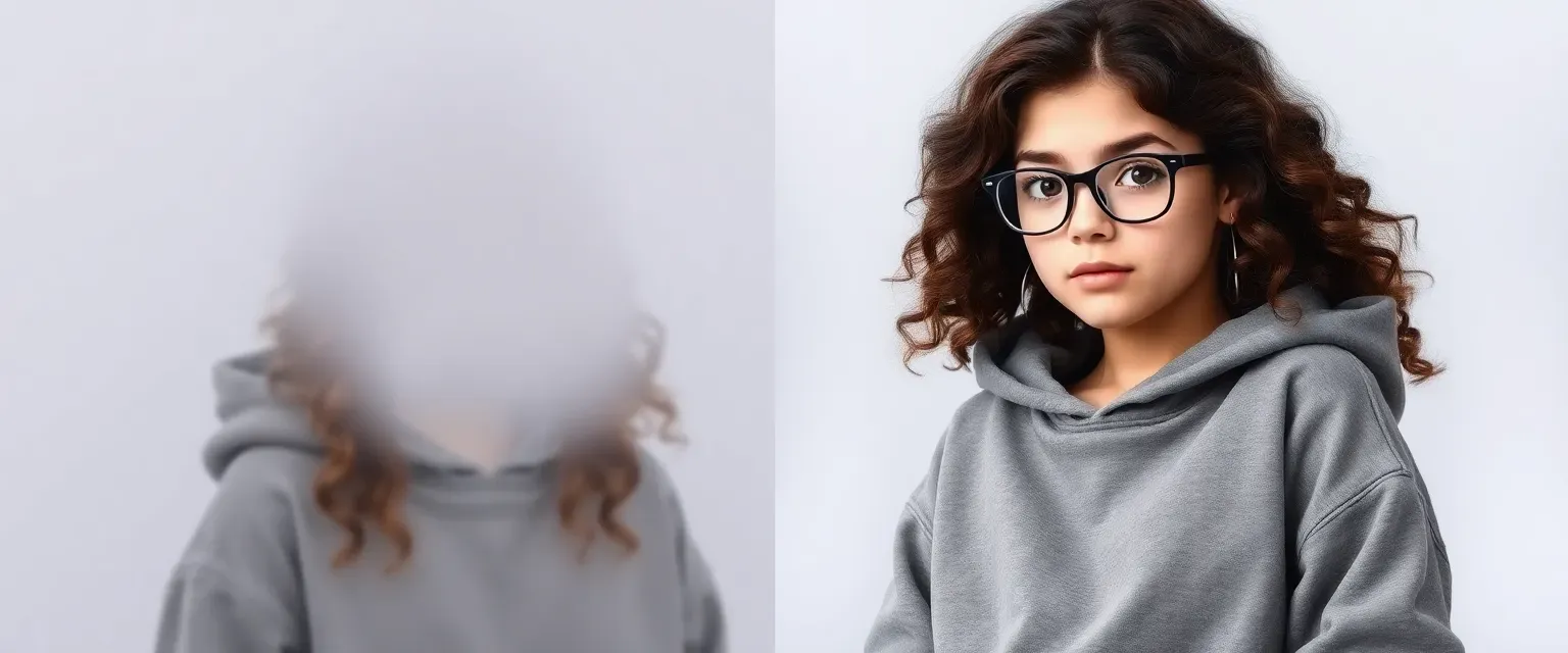 Sixteen-year-old girl with dark brown curls, amber eyes, glasses, wearing oversized hoodies and jeans.