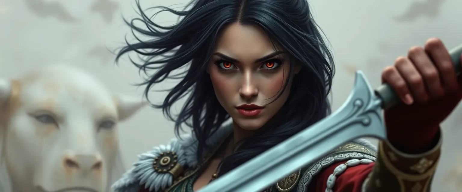 Pale-skinned woman with raven-black hair and crimson eyes, dressed in royal attire, wielding a melee weapon.