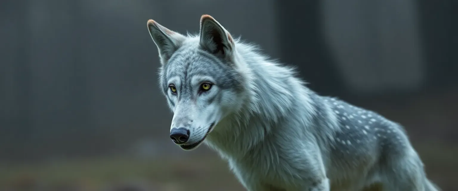 3-year-old female wolf with white/gray fur and a blueish tint, seeking to create her own pack and find a mate.