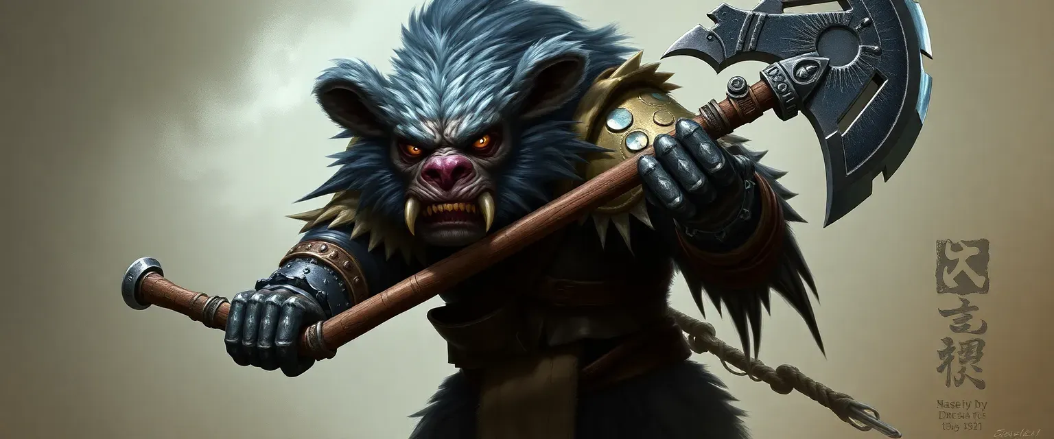 7'4" Bugbear with gray fur and intense eyes, wearing tribal armor, wielding a large axe.