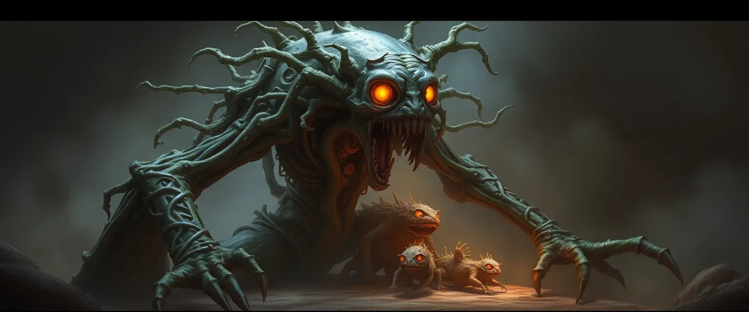 A resurrected assassin with a body of vines and bones, small creatures crawling within, and glowing eyes.