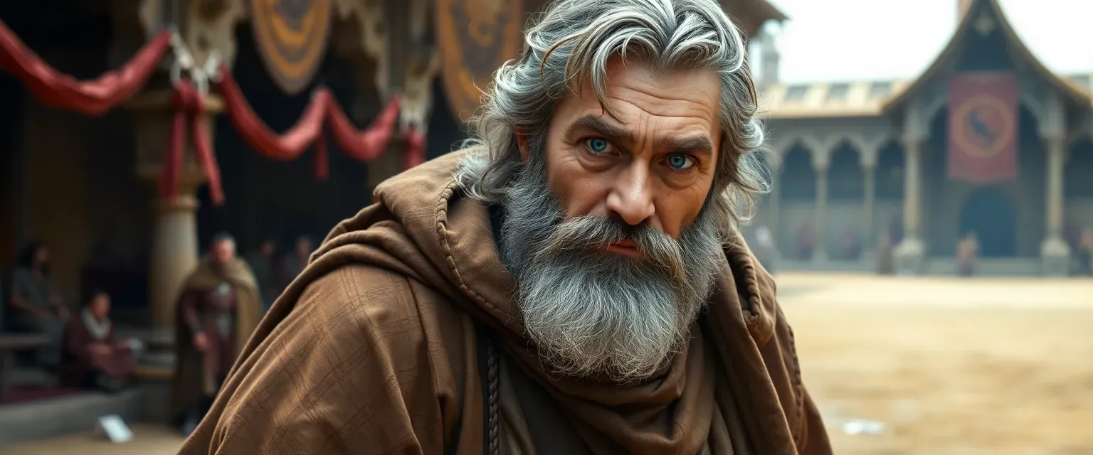A rugged 52-year-old man with graying beard, piercing blue eyes, wearing a worn leather tunic and heavy cloak, limping across the Arena.