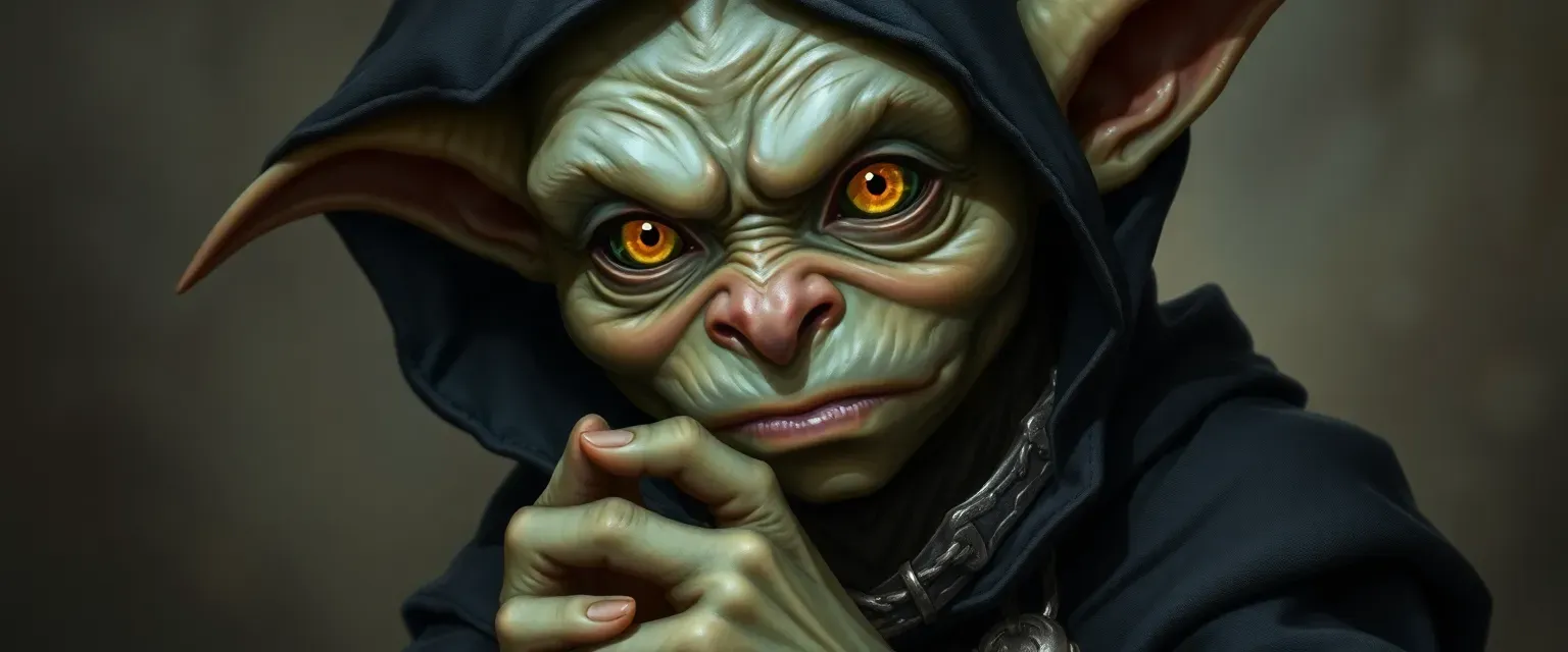 A young goblin necromancer with yellow eyes and tattered robes, tapping his fingers nervously.