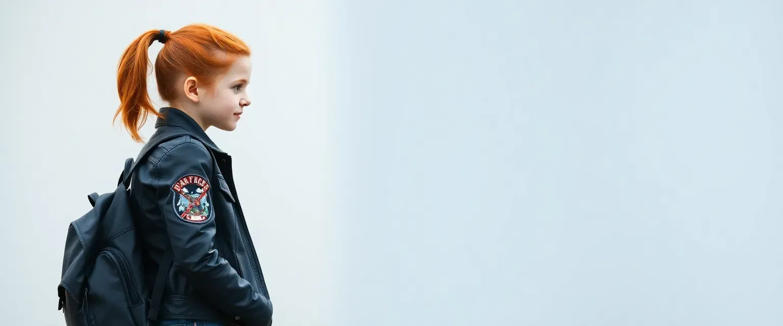 16-year-old girl with red hair in a ponytail, wearing a leather jacket with patches, jeans, and boots, carrying a small backpack.