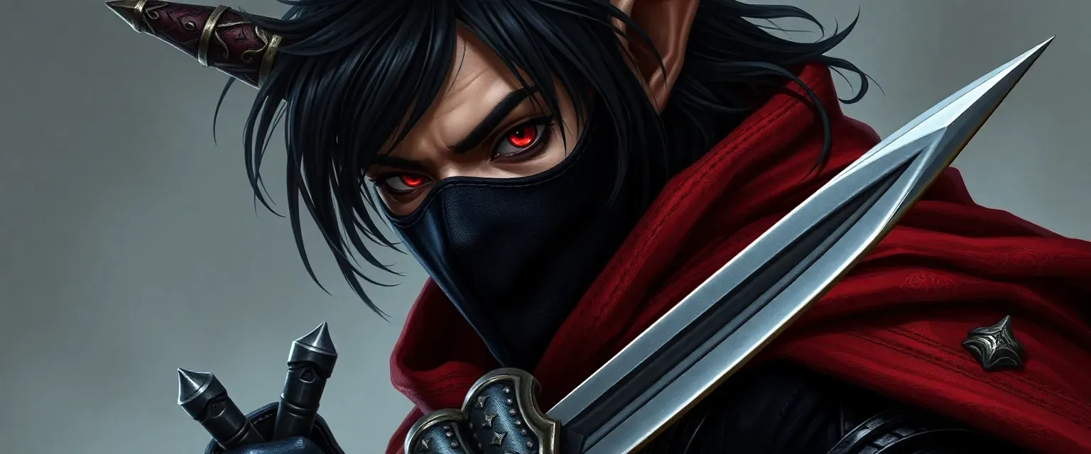 35-year-old Tiefling male, black hair, crimson eyes, black and red leather armor, cloak, half face covered, dual swords and daggers.