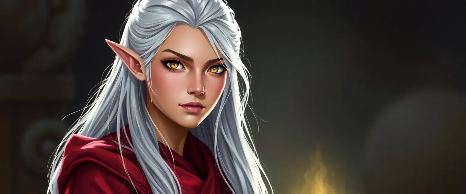 5'8" High Elf with silver hair, gold eyes, fair skin, wearing red robes, 915 years old.
