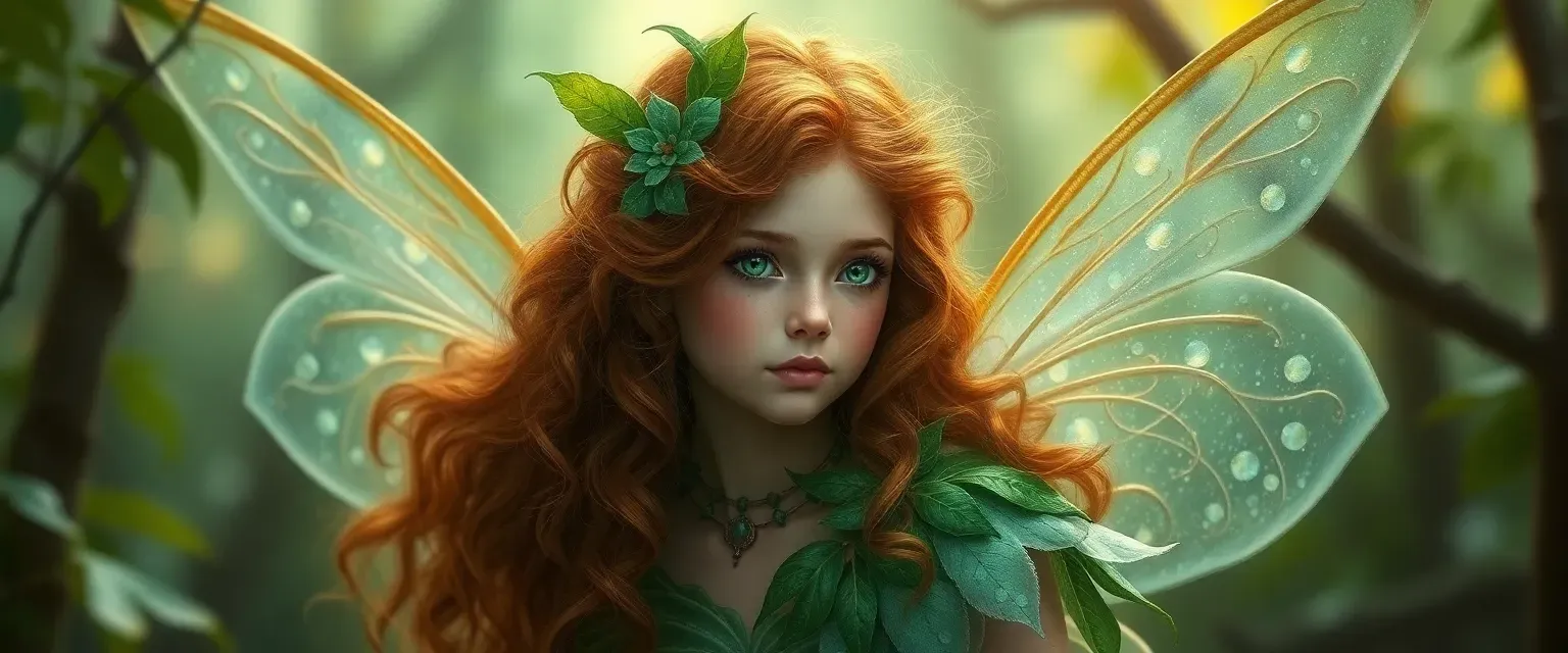 Young fairy witch with long curly chestnut hair, emerald green eyes, wearing an ethereal gown made of moonlit dew and forest leaves.