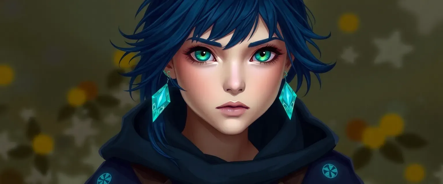 15-year-old girl with midnight blue hair and emerald eyes, wearing an Echo-infused cloak and practical garments.