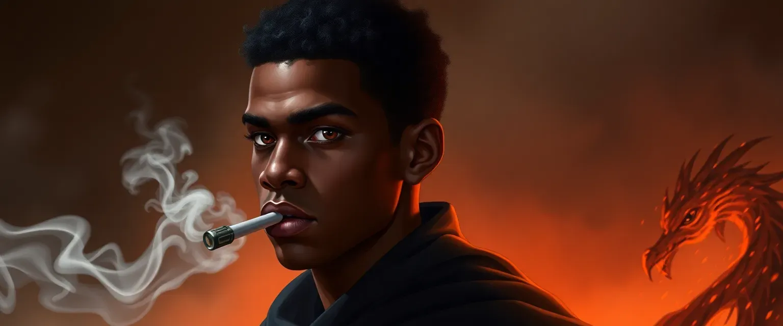 J: 18-year-old black male in a smoking, determined. Alex: younger, white, one-armed, black hair, brown eyes, wears a black cloak.