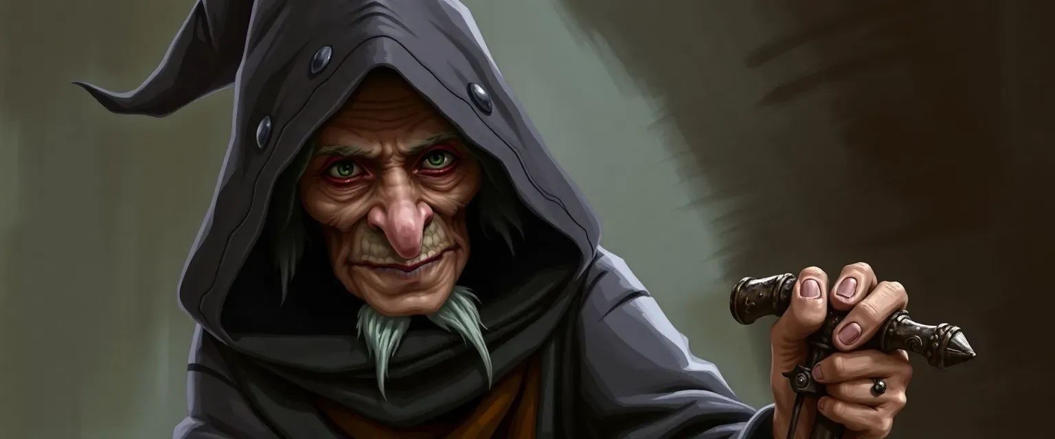 An old witch with a hooded cloak, walking cane, sweet face and long nose.
