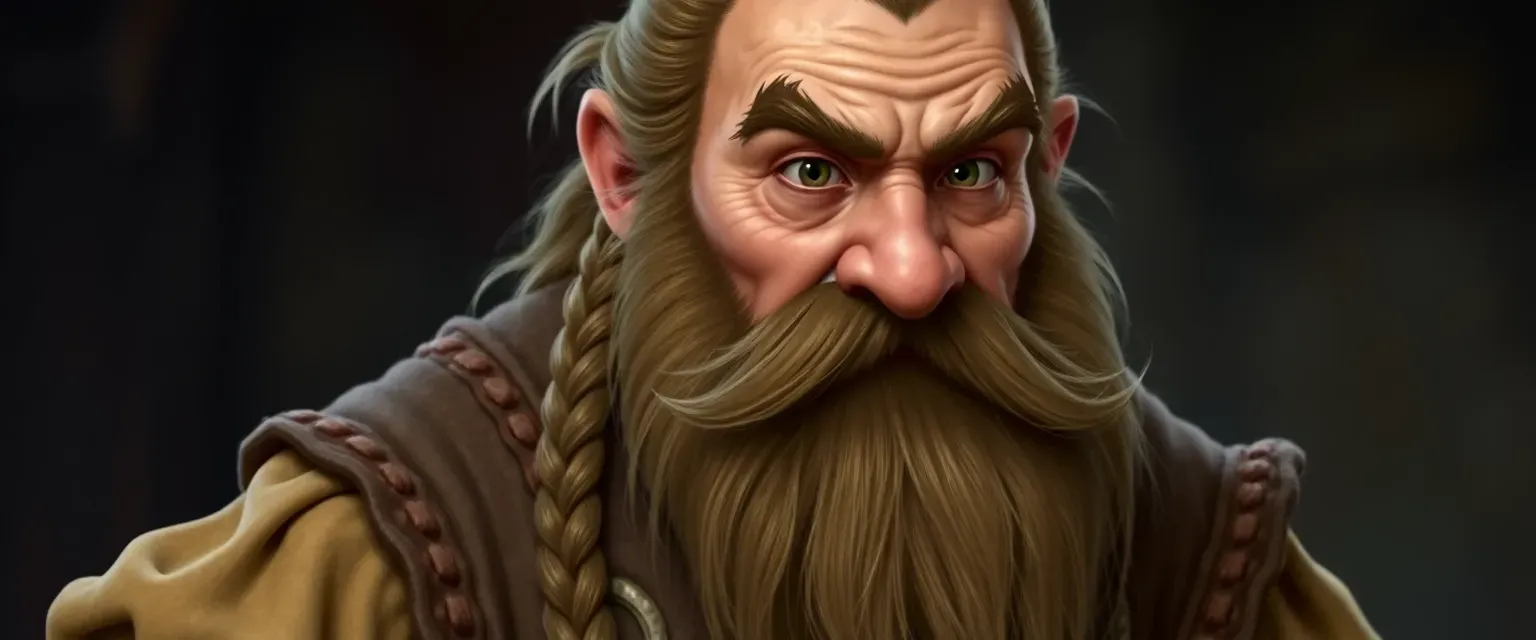 Middle-aged dwarf with a robust build, thick braided beard, and thoughtful brown eyes, dressed in merchant's garb.