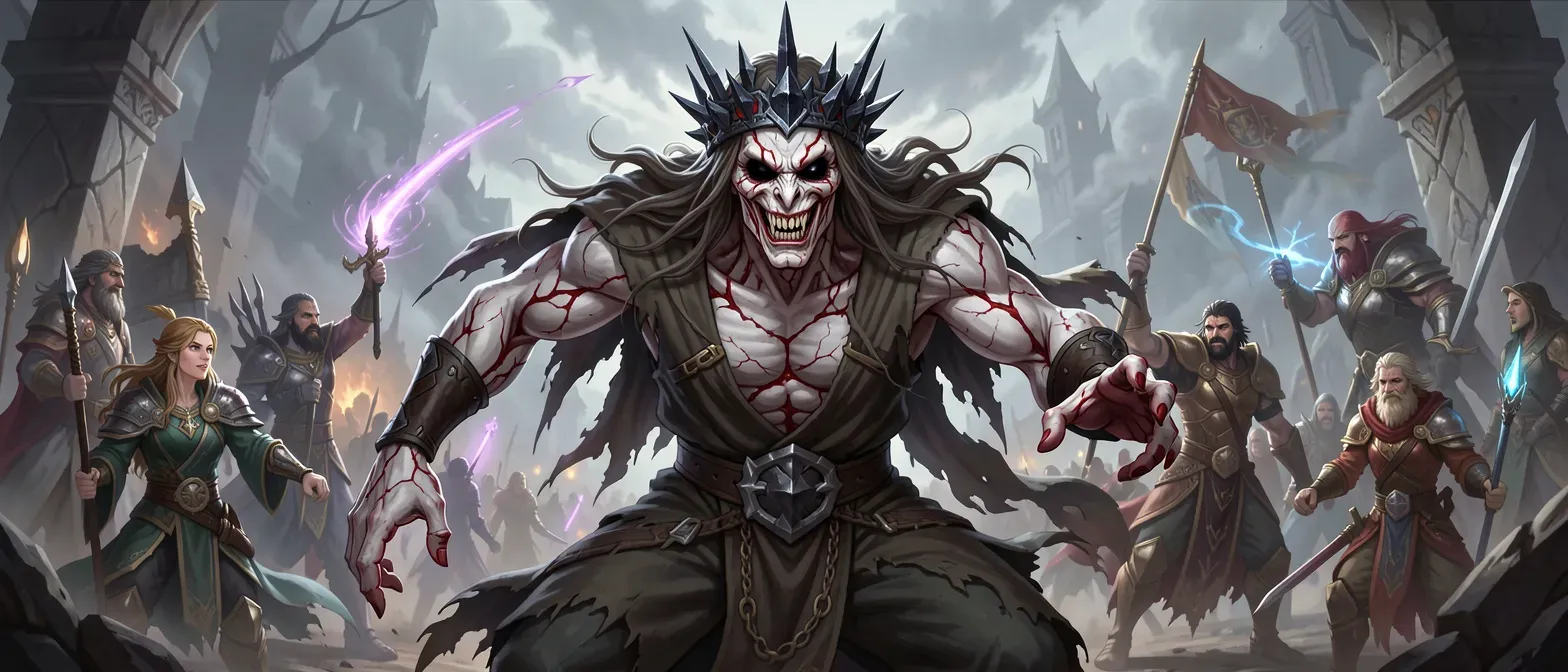 Gaunt ancient god with void-black eyes, marble skin veined in ichor, lank hair like shrouds, wearing tattered robes and obsidian thorn crown, sneering with pointed teeth.