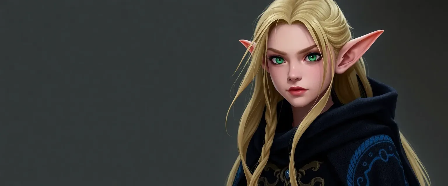 25-year-old changeling with long blond hair, green eyes, black outfit with blue stripes, and a custom embroidered cloak.