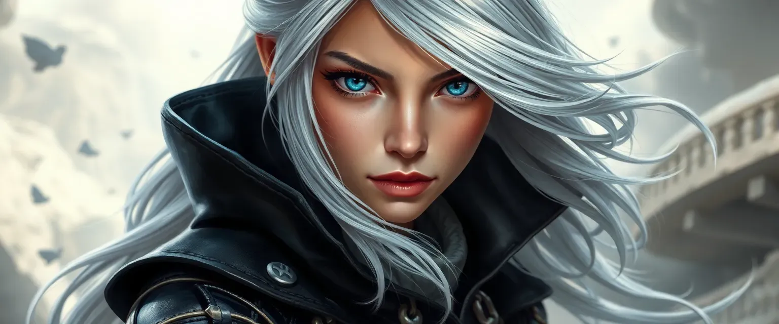 Young Aasimar woman with silver hair and blue eyes, wearing a mix of leather and silk, embodying grace and mischief.