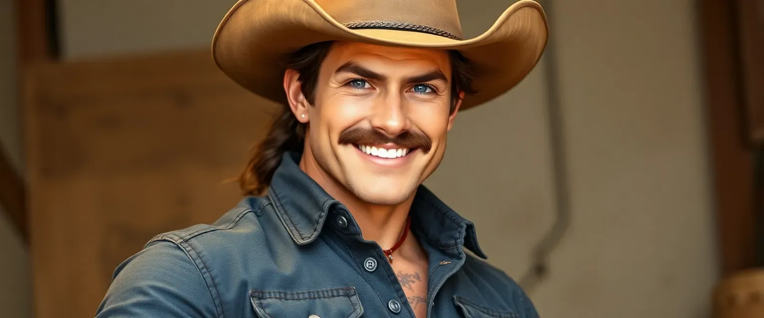 Tall, muscular cowboy with brown hair, mustache, tattoos, bright blue eyes, tan skin, smiling. Wears a cowboy hat, button-up shirt, jeans, boots.