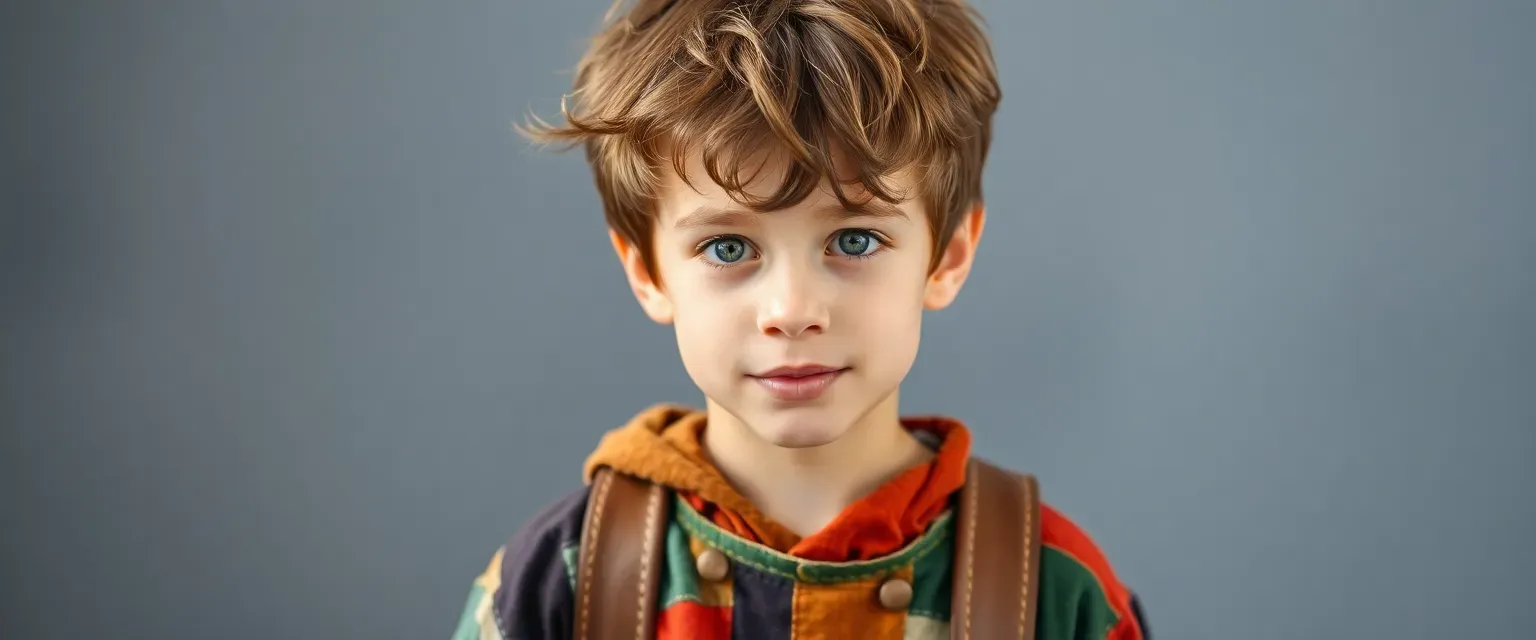 A 10-year-old boy with unruly brown hair and a colorful patched tunic, eager and adventurous.