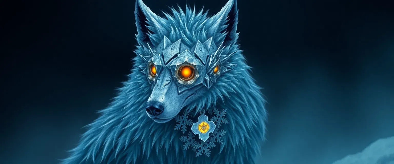 Short, silver-armored fractal wolf with fur coat, scruffy hair, glowing yellow eyes, sharp claws, and snowflake necklace.