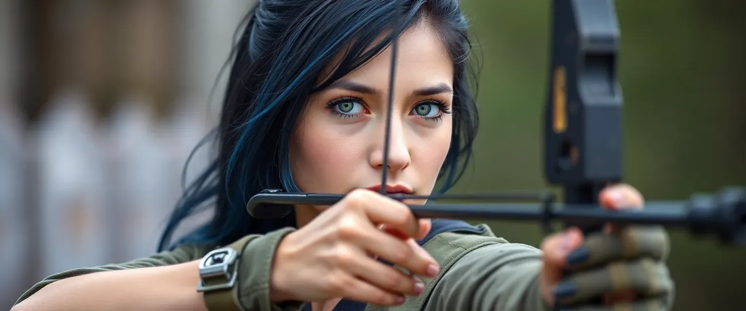 23-year-old woman with black hair, blue tips, green eyes, skilled in archery, wearing casual yet tactical clothing.