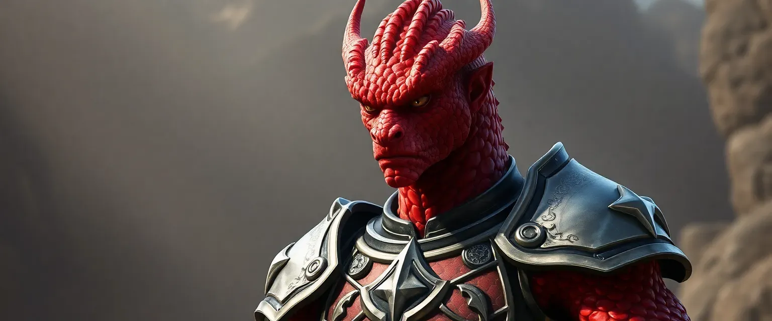 Red-scaled Dragonborn Paladin, golden eyes, muscular, in gleaming armor with order symbols.