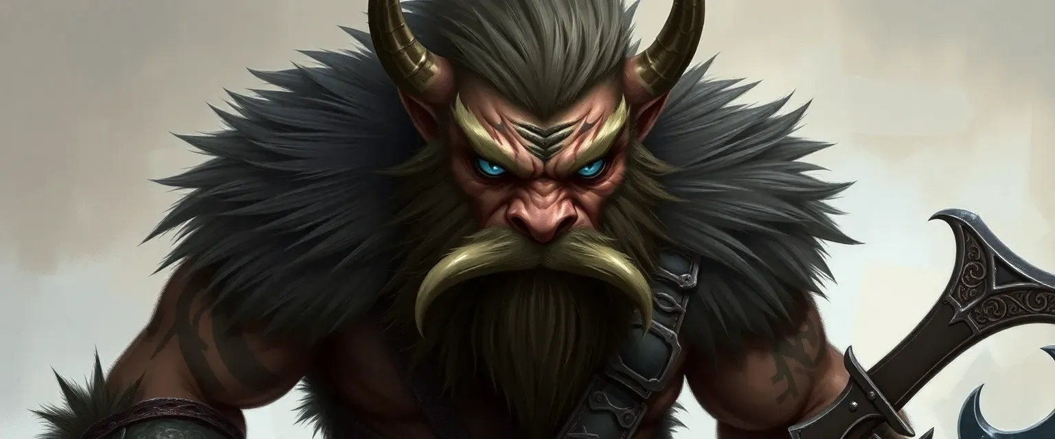 7'4" tall Bugbear barbarian, muscular, scarred, fur-clad, piercing blue eyes, youthful yet seasoned warrior.