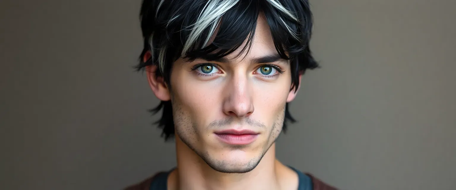 Man in his 30s, black hair with white tips, slightly long, green eyes, casual attire.