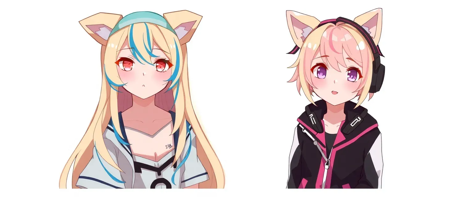 Fuwawa: Blonde with blue streaks, pink eyes, dog ears, pastel blue headband. Mococo: Short blonde with pink streaks, dog ears with white tufts, black and pink jacket, headphones.