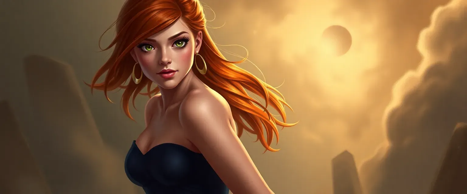 23-year-old woman with chestnut hair, green eyes, wearing a tight dress and high heels.