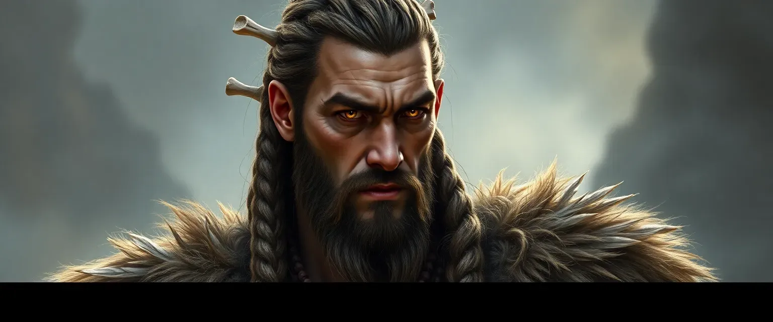 Tall, muscular man with weathered skin, amber eyes, long braided hair with bones and feathers, wearing furs.