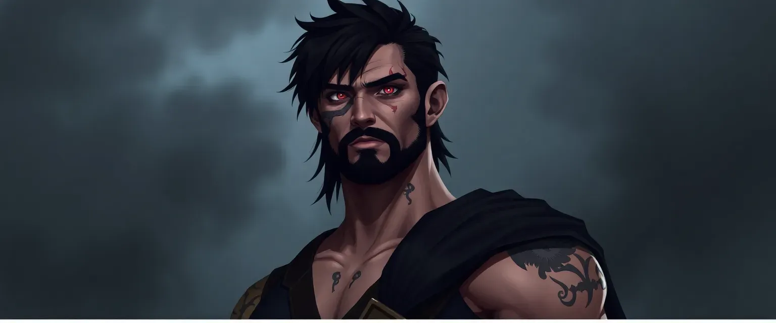 Tall man with black hair, one crimson eye, scarred, missing an arm, muscular, wearing a dark tunic and cloak.