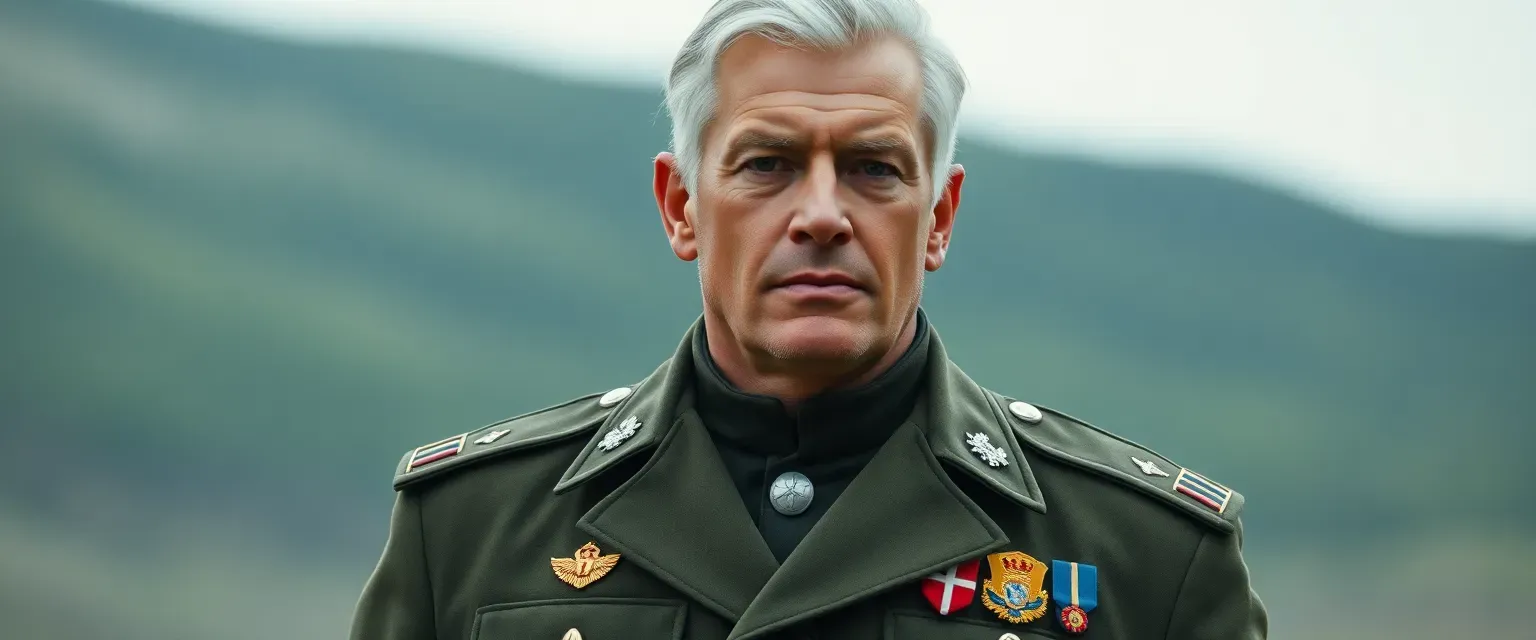 Middle-aged soldier, tall and broad, silver-haired, strong cheekbones, elite uniform with medals.