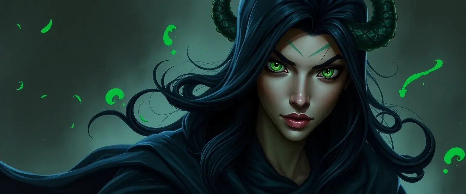 30-year-old Yuan-ti warlock with emerald eyes, raven hair, in flowing robes, hiding serpentine features.