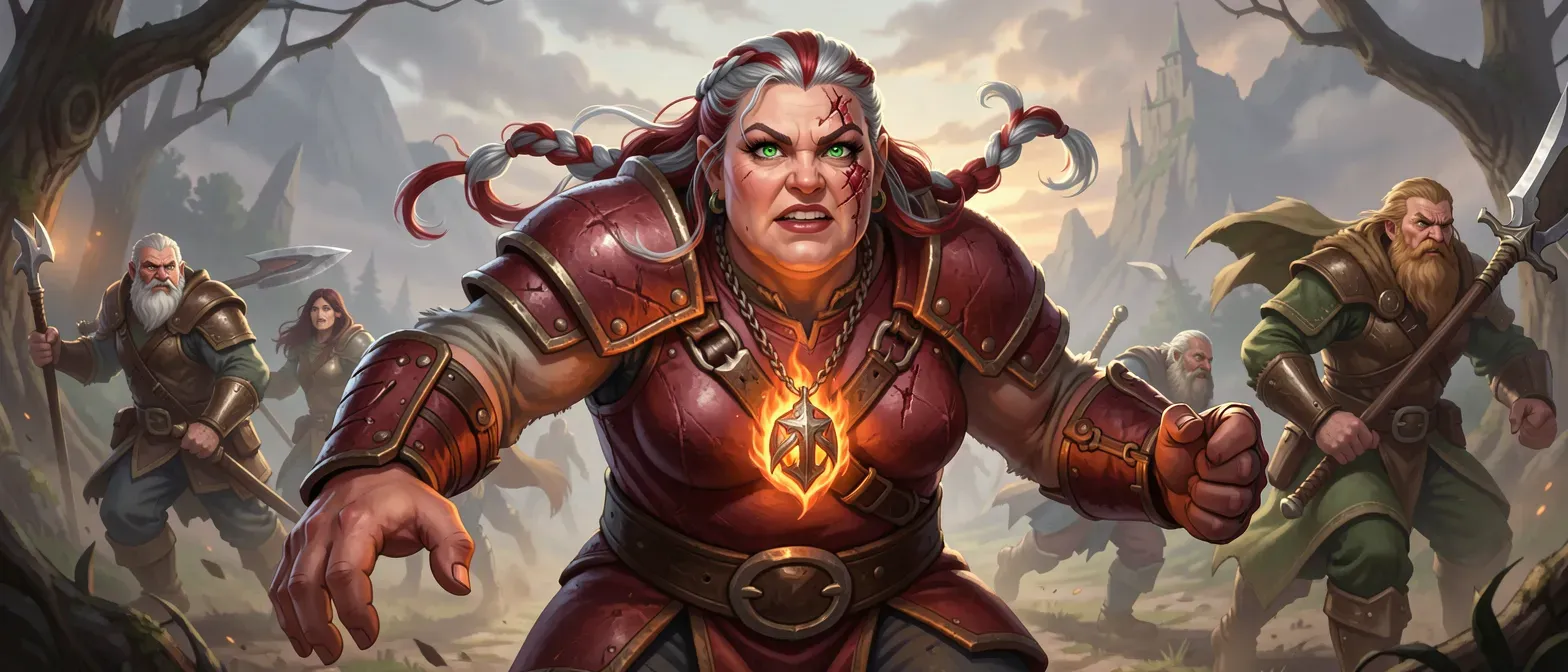 Stout 50s dwarven woman with red-silver braided hair, scarred cheek, emerald eyes, wearing crimson leathers and mail, fiery pendant necklace.