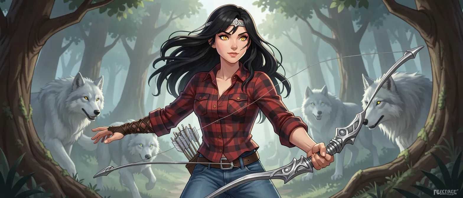 Daughter of Artemis with black hair, yellow eyes, wearing button up flannel with jeans, holding a silver bow with quiver of silver arrows, confident expression, woods with ghost wolves in background, Percy Jackson universe.
