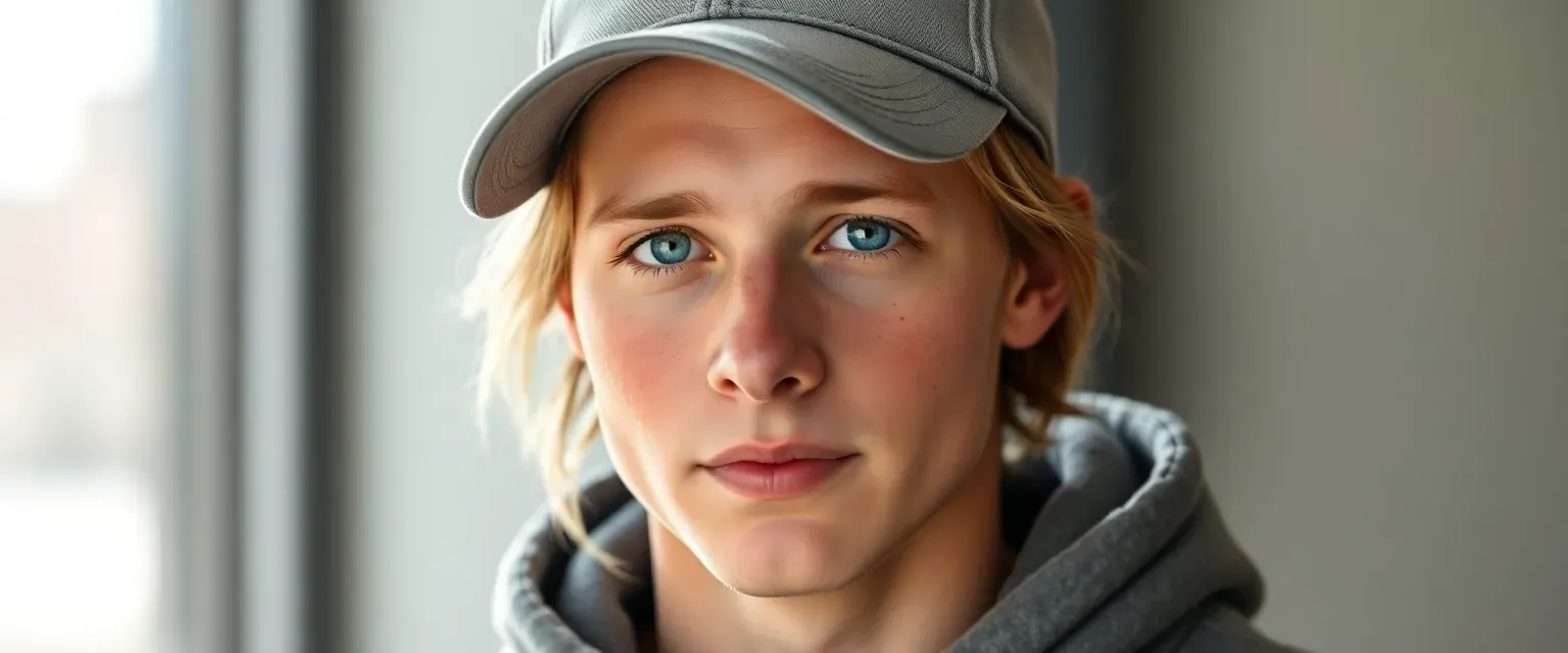 Tall, 23-year-old with sandy brown hair, blue eyes, wearing a ball cap and hoodie, lean and wiry.