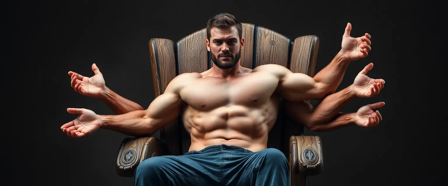 Muscular man transformed into a humanoid chair with six arms, wooden texture, playful yet strong.