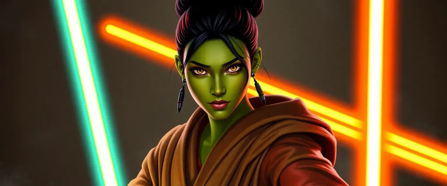 25-year-old Mirialan Jedi with green skin, dark hair in a bun, and amber eyes, wearing modified Jedi robes, wielding two orange Shotosabers.