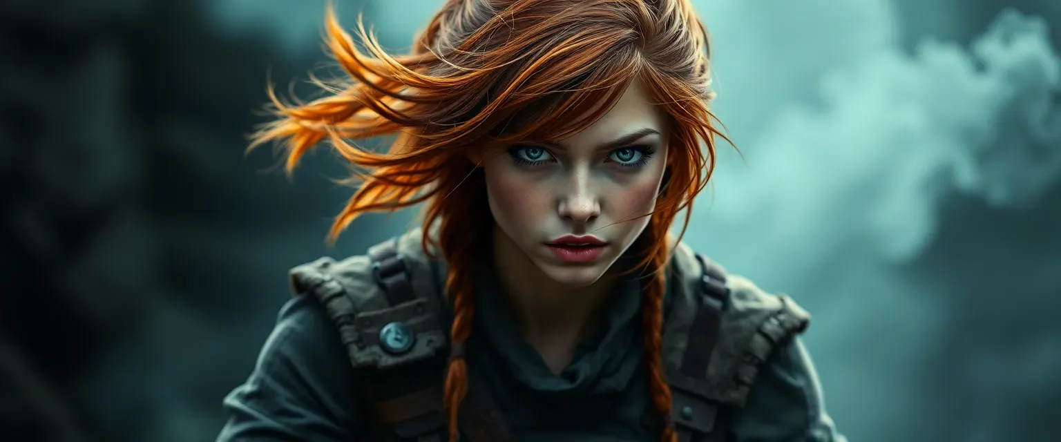 Young woman with fiery red hair, determined eyes, wearing rugged clothing, a hint of smoke around her hands.