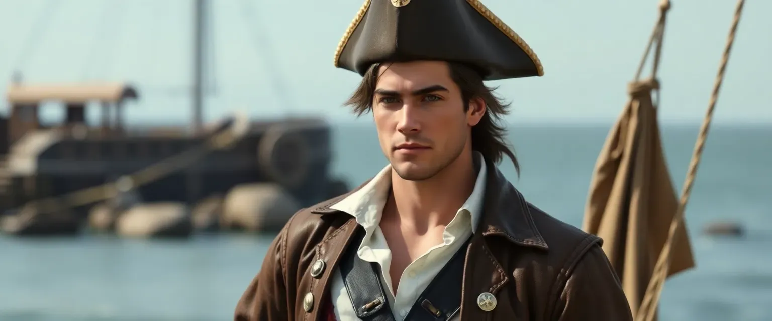 22-year-old pirate, short dark brown hair, clean-shaven, strong royal features, white shirt with undone buttons, leather jacket, breeches, pirate hat.